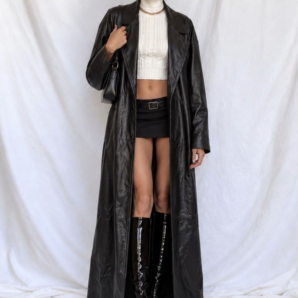 Vintage Y2K 90s Black Leather Full Length Button Down Front Long Coat Size L